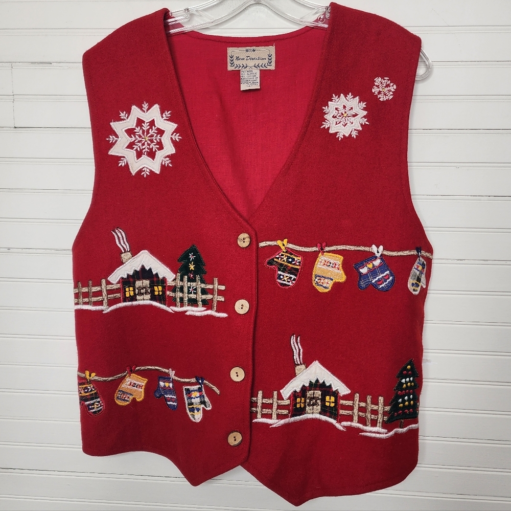 New Directions Wool Blend Embroidered Christmas Vest‎ – Red – Size L
